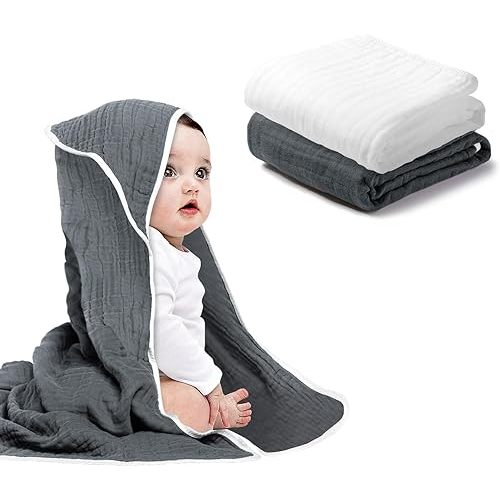 Baby Hooded Towels for Babies and Toddlers, Muslin Baby Bath Towel Soft and Absorbency for Boys and Girls (Dark Grey White 2 Pack)