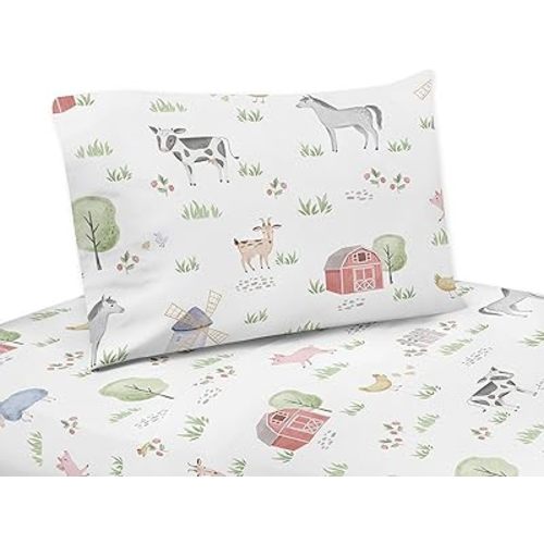 Sweet Jojo Designs Farm Animals Twin Sheet Set - 3 Piece Set - Watercolor Farmhouse Horse Cow Sheep Pig