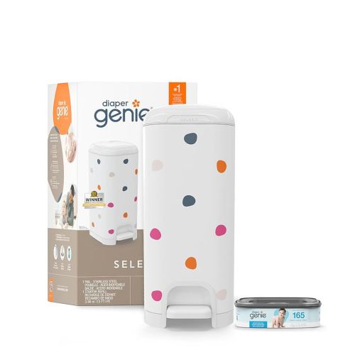 Diaper Genie Select Pail (lunares multicolores) está hecho de acero inoxidable duradero e incluye 1 repuesto cuadrado de inicio que puede contener hasta 165 pañales de tamaño recién nacido.