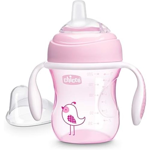 Chicco Transition Sippy Cup with Silicone Spout and Spill-Free Lid 7oz.| Calibration Markings | Removable Handles | Top-Rack Dishwasher Safe | Easy to Hold with Ergonomic Indents | Pink| 4+ Months