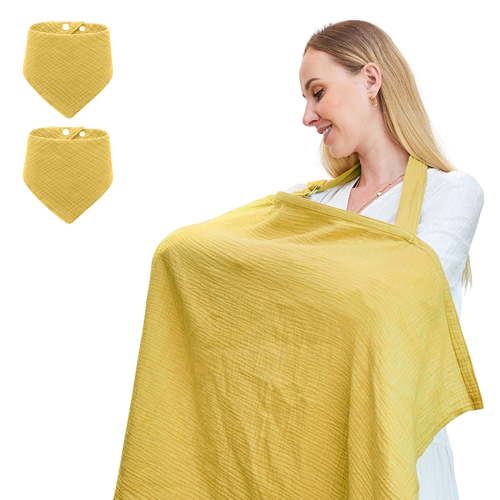Nursing Cover for Baby Breastfeeding,Breathable Cover with Rigid Hoop for Mother Nursing Apron, Multi-use Adjustable Privacy Nursing Apron Cover,Include Two Baby Bibs,Dark Yellow