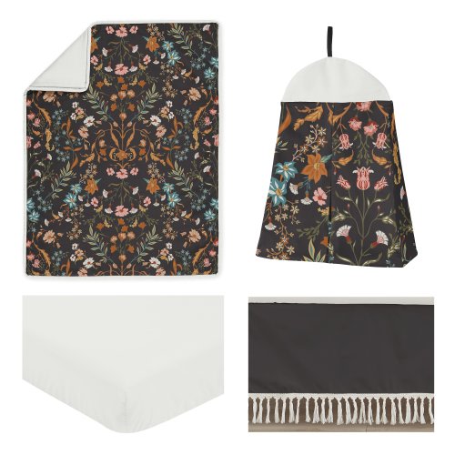 Sweet Jojo Designs Boho Wildflower Vintage Floral Girl 4p Nursery Crib Bedding Set Black Orange Bohemian Farmhouse Cottagecore