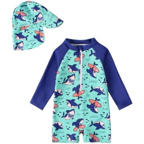 WYTbaby Baby Boy Rash Guard Swimsuit Set with Sun Hat, Long Sleeve One Piece Zipper Sunsuit for Infant Toddler 0-3T