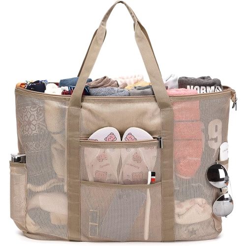 Eslcorri Mesh Beach Tote - Extra Large Beach Bag with 11 Pockets Foldable Tote Bag Women Oversized Pool Bag Travel Essentials - Apricot