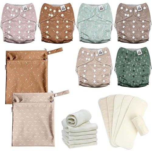 Mama Koala 3.0 Baby Cloth Diapers with 6 Inserts Bundle(A-My Warm Heart), with 6pcs 6-Layer Bumboo Hemp Cotton Inserts, and 2 Wet Dry Bags