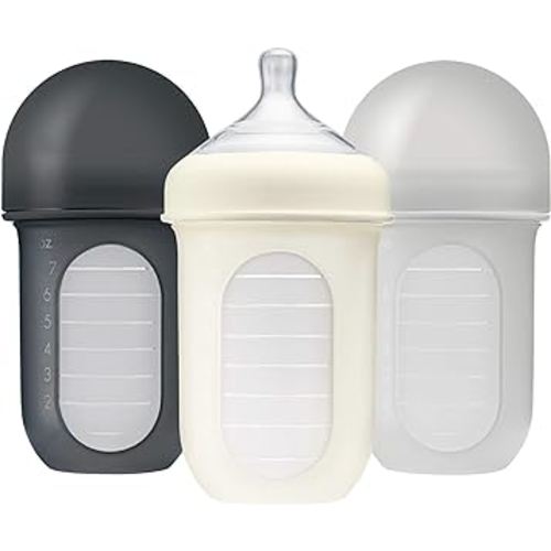 Boon Nursh Reusable Silicone Pouch Baby Bottles - Medium Flow Nipple - Silicone Baby Bottle Pouch and Nipple - Baby Feeding Essentials - Gray - 3-6 Months - 3 Count - 8 Ounce