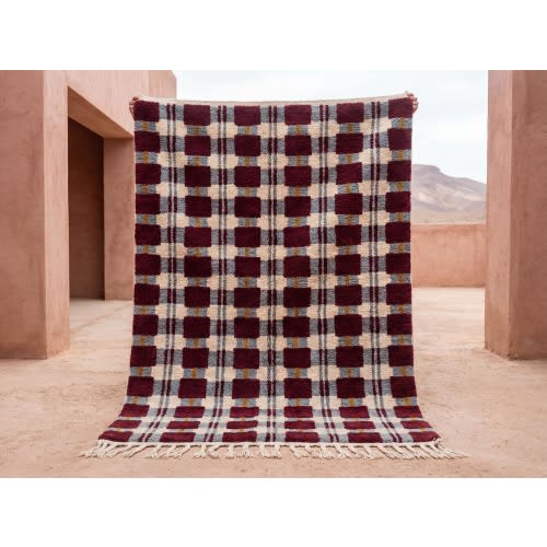 Burgundy Moroccan Rug – Handwoven Wool Checkerboard Berber Area Rug, Contemporary Scandinavian Style