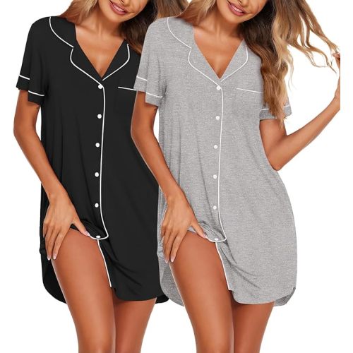 Ekouaer Nightgowns for Women 2 Pack Button Down Sleepwear Short Sleeve Sleepshirts Soft Nightshirts Boyfriend Pajama Dress