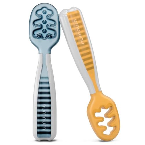 NumNum Baby Spoons Set, Pre-Spoon GOOtensils for Kids Aged 6+ Months - First Stage, Baby Led Weaning (BLW) Spoon - Self Feeding, Silicone Toddler Food Utensils - 2 Spoons, Blue/Orange - 6-12 months Blue/Orange