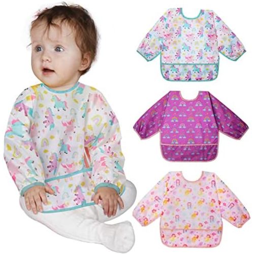 Lictin 3 Pack Baby Bibs for Boy or Girl, Cute Long Sleeve Bib, Waterproof Bibs for Toddlers