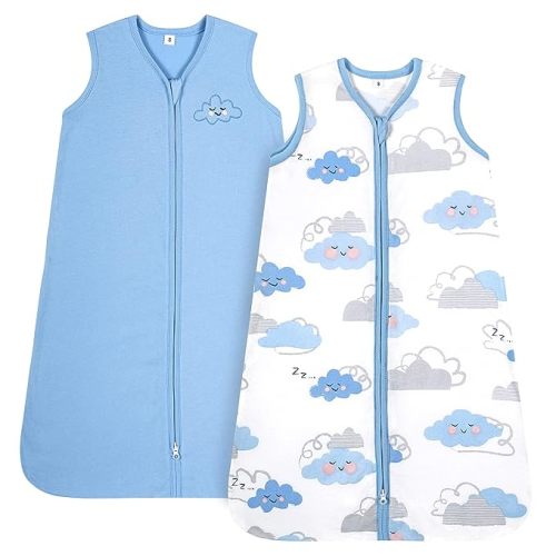 TILLYOU Sleep Sack 0-6 Months - 0.5 TOG Baby Wearable Blanket with 2-Way Zipper, Extra Soft Cotton Sleeveless Sleeping sack 2 Pack, Small Cloud & Blue
