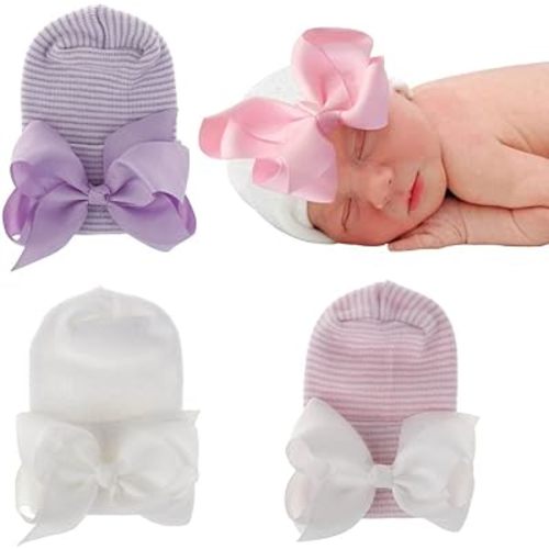 Newborn Baby Hat Infant Caps Baby Boy Girl Toddler Hospital Hats Bow Double Layer Knit Beanie Cap for 0-3 Months