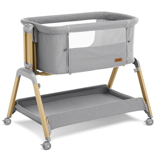 Jimglo 3 in 1 Baby Bassinet, Rocking Bassinets with Comfy Mattress and Wheels, Adjustable Height Bassinet Bedside Sleeper, Easy Folding Portable Crib for Newborn (Grey)