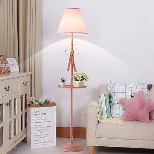 Pink Floor Lamp for Little Girls Bedroom & Nursery with Tray/Shelves,Cute & Colorful Standing Lamp for Kids Room,63 Inch Tall Linen Shade Floor Lamp with Foot Switch