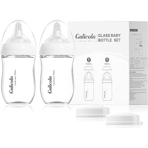 Natural Glass Baby Bottle for Breastfeeding Babies, Newborn Anti-Colic Bottle Set with Slow Flow Nipple, 0-3 Months, 5 oz, 2 Pack - White