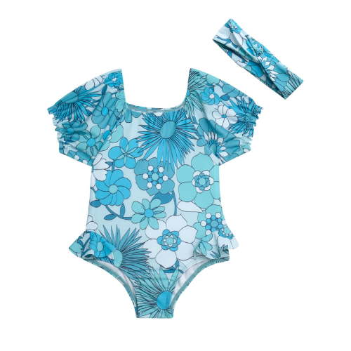 Jessica Simpson Toddler Girl Rash Guard Swimsuit with Headband, Sizes 12M-24M