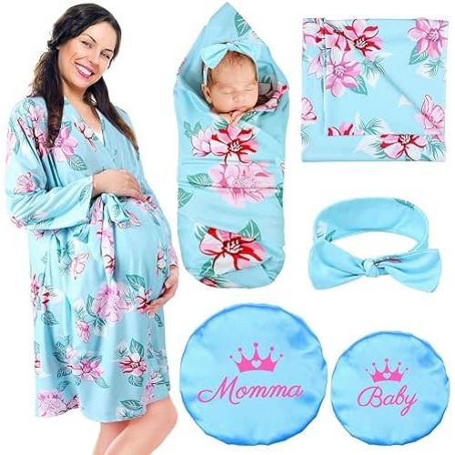 Mepase 5 Pcs Mommy and Me Robe Swaddle Headband Cap Set Including Maternity Robe Baby Blanket Headband Hat for Mom and Baby