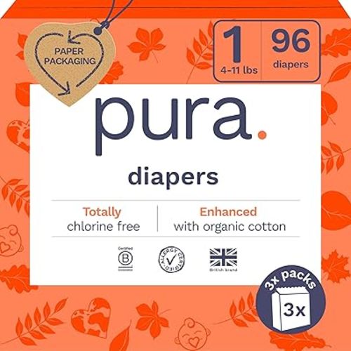 Pura Baby Diapers Size 1 Diapers (up to 11 lbs), 192 Count, Organic Cotton, Hypoallergenic, Totally Chlorine-Free, Ultra Absorbent Disposable Diapers, Newborn