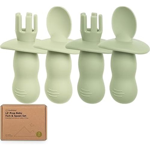 KeaBabies 4-Pack Silicone Baby Spoons and Forks Set - Baby Spoon Self Feeding, BLW Baby Utensils 6-12 Months, Baby Led Weaning Feeding Spoon, Teething Infant Baby First Food Training Pre Spoon (Sage)