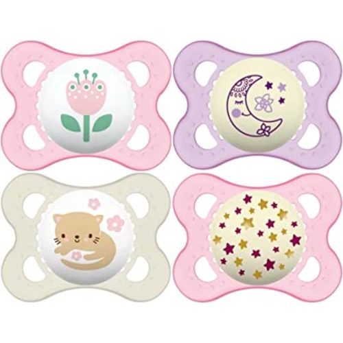MAM Original Day & Night Baby Pacifier, Nipple Shape Helps Promote Healthy Oral Development, Glows in The Dark, 0-6 Months, Girl, 4 Count