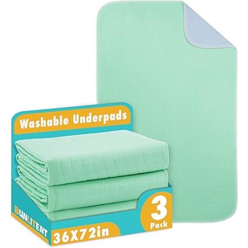 Washable Underpads, 36" x 72", 3 Pack - Heavy Absorbency Reusable Bedwetting Incontinence Pads for Kids, Adults, Elderly, and Pets - Waterproof Protective Pad for Bed, Couch, Sofa, Floor