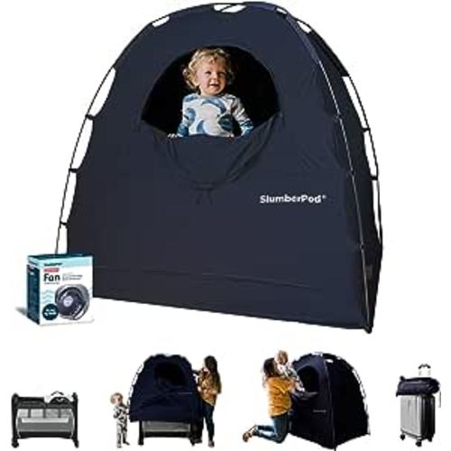 SlumberPod Portable Privacy Pod Blackout Canopy Crib Cover, Sleeping Space for Age 4 Months and Up, Pack n Play Blackout Cover, Baby Travel Crib Canopy (Navy with Fan 3.0)
