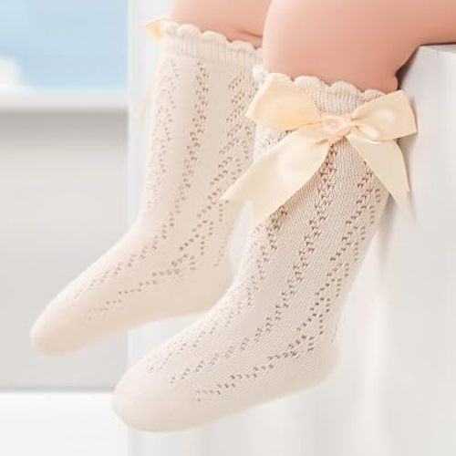 Baby Girl Knee High Socks Toddler Girl Ruffle Knitted Cotton Socks with Bows for Newborn/Infant Girls 6 Pairs
