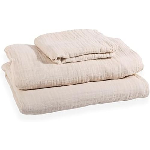 3-Piece 100% Organic Cotton Muslin Bed Sheet Set | Twin Size, Breathable & Soft | Includes Flat Sheet, Fitted Sheet, and Pillowcase | Unisex Bedding for Boys & Girls | Ivory Color