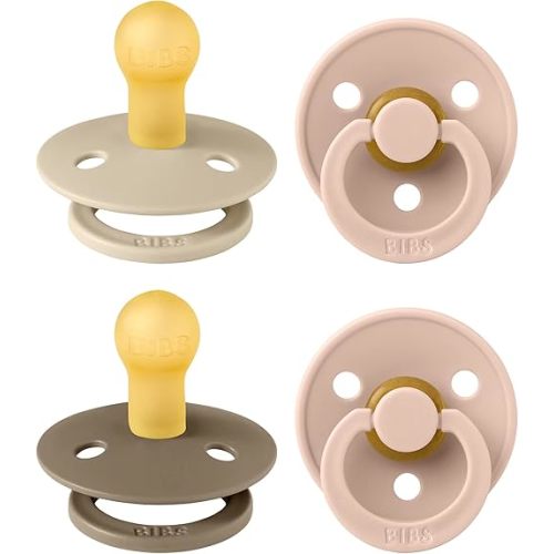 BIBS Pacifiers - Colour 4 Pack | Round Nipple Baby Pacifier | BPA Free Natural Rubber Latex Soother | Made in Denmark | Size 0-6 Months | Pink Colors