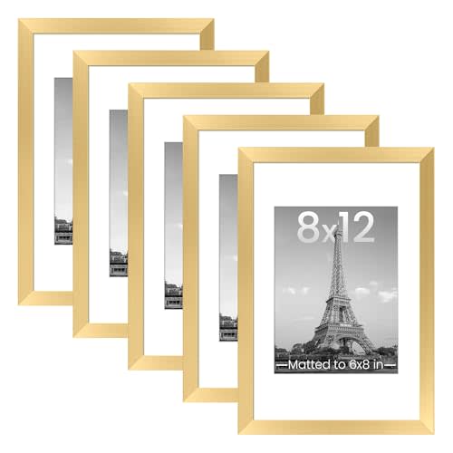 upsimples 8x12 Picture Frame Set of 5, Display Pictures 6x8 with Mat or 8 x 12 Without, Wall Gallery Photo Frames, Gold
