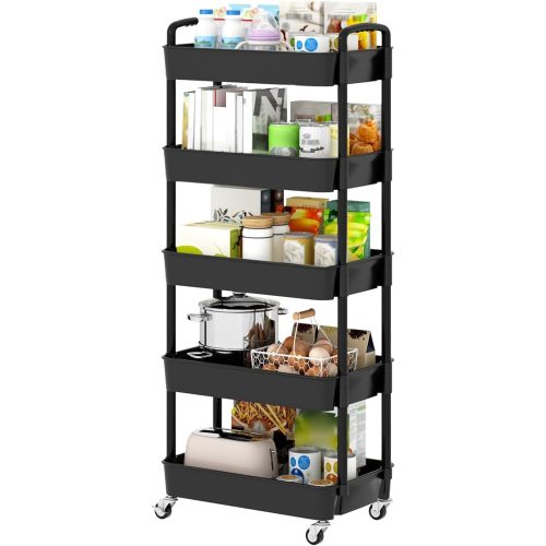 Sywhitta 5-Tier Plastic Rolling Utility Cart with Handle, Multi-Functional Storage Trolley for Office, Living Room, Kitchen, Movable Storage Organizer with Wheels, Black