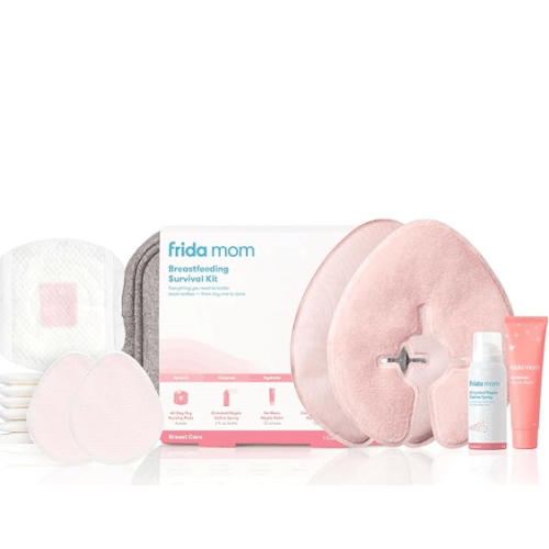 Frida Mom Breastfeeding Survival Kit for Nursing Moms, Reusable Hot+Cold Breast Relief Packs, Hydrogel Nipple Pads, Cracked Nipple Saline Spray, Nipple Balm, Nursing Pads, 13 Piece Gift Set