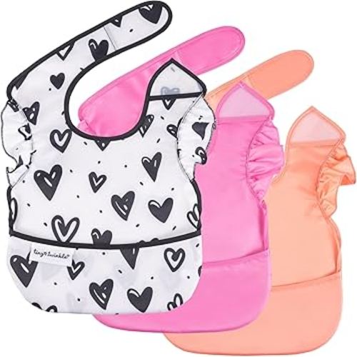 Tiny Twinkle Mess Proof Baby Bibs for Eating – Waterproof, Wipeable Toddler Bibs with Pocket – Baby Food Bibs for Girls & Boys(3 Pack,Girl Hearts)