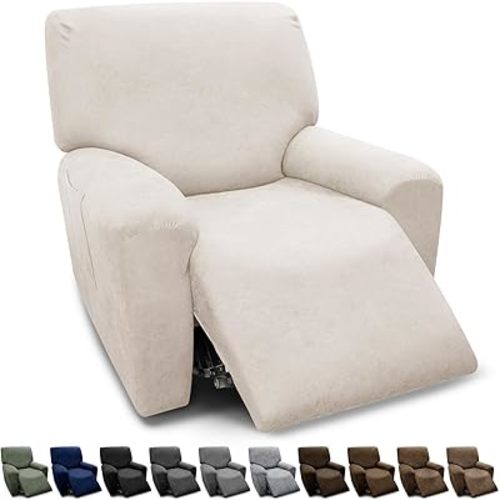Chair Covers 4-Pieces Recliner Chair Covers 1 Seater Cover for Recliner Chair Leather Look Recliner Slipcovers with Pockets Spandex Fabric Furniture Covers(Recliner, Beige)