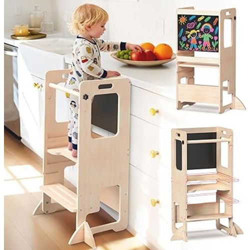 Adjustable Height Toddler Kitchen Step Stool, Learning Standing Tower with Blackboard, Kids Wooden Kitchen Stool Helper, 1-3 Years Old Boys Girls Gift, 3 Heights