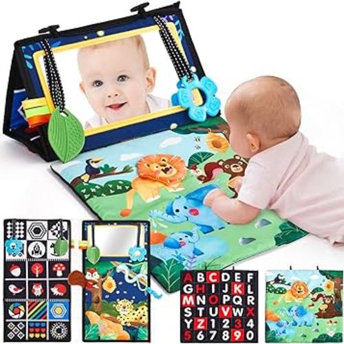 hahaland Baby Toys 0-6 Months - Tummy Time Mat & Mirror with Teether, Black and White High Contrast Crinkle Toys, Montessori Sensory Brain Development Toys for Newborn Infant 0 3 6 Months