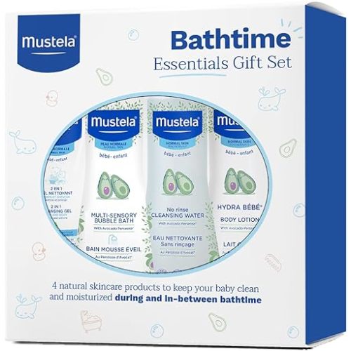 Mustela Baby Bath Time Essentials Gift Set - Natural & Plant-Based Baby Skin Care - 4 Items Set