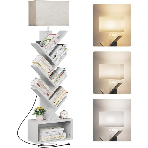 6 Tier Tree Bookshelf with Light, Narrow Bookcase Tower, Tall Floor Standing Book Shelf Organizer with Storage Cabinet for Living Room, Bedroom and Home Office, White