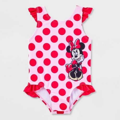 Baby Girls' Disney Minnie Mouse One Piece Swimsuit - Pink 3M: UPF 50+, Tagless, Tricot Fabric