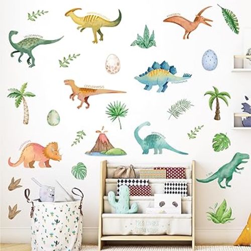 AOWDIAO Watercolor Dinosaur Wall Decals - 28 Pcs Peel and Stick Dino Decor for Boys’ Bedroom, Nursery & Classroom