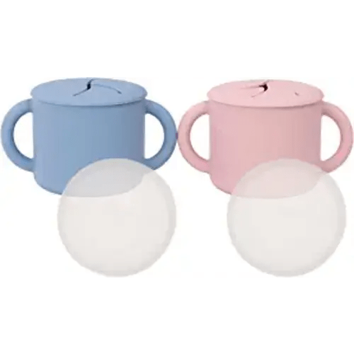 WeeSprout Snack Containers, Food Grade Silicone Cups, Spill-Proof Tops For Toddlers and Babies, Premium Hard Plastic Travel Lids, Dishwasher Safe, Set of 2 Snack Catchers - Matte Blue, Matte Pink