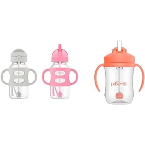 Dr. Brown's Milestones Wide-Neck Sippy Straw Bottle with 100% Silicone Handles and Weighted Straw & Dr. Brown’s Milestones Baby’s First Straw Cup, Training Cup with Weighted Straw, Coral, 6m+