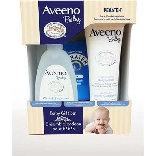 Aveeno Baby Gift Set With Baby Wash And Shampoo 236 mL, Baby Daily Moisturizing Lotion 227 mL and Penaten Diaper Rash Cream 113g