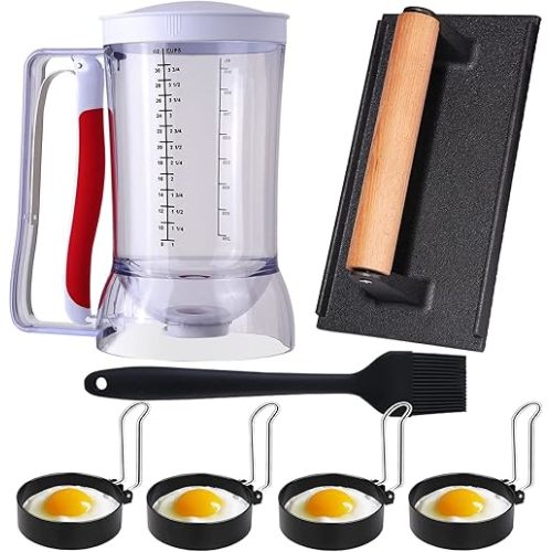 7 Piece Griddle Breakfast Kit for Blackstone, Griddle Accessories Set - Included Pancake Batter Dispenser, Bacon Press, Egg Rings, Basting Brush