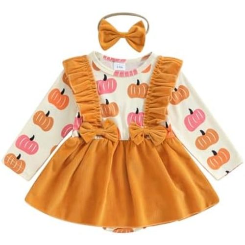 My First Halloween Baby Girl Outfit Newborn Pumpkin Pie Romper Skirt Happy Thanksgiving Fall Clothes with Headband