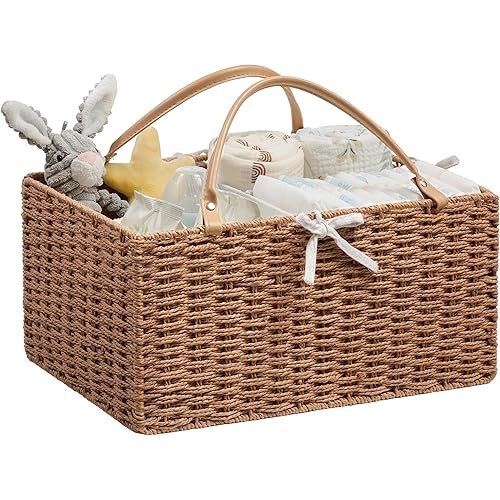 Angelhood Large Paper Rope Diaper Caddy, Baby Essentials Organizer, Portable Baby Shower Baskets Gift Bin, Car Storage Bag for Nursery