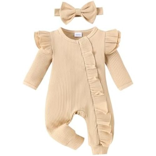 Newborn Clothes Baby Girl Ribbed Romper Headband 2PCS Outfits Set Ruffle Knitted Jumpsuit Infant Solid Bodysuit
