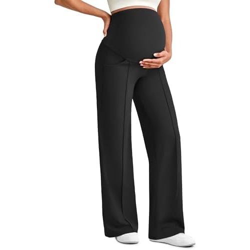 G4Free Maternity Dress Yoga Pants with Pockets Over The Belly Stretchy Work Slack Pregnancy Wide Leg Lounge Trousers