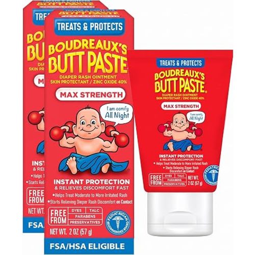 Boudreaux’s Butt Paste Max Strength Diaper Rash Cream for Baby, Ointment With Zinc Oxide, 2 oz Tube (Pack of 2)