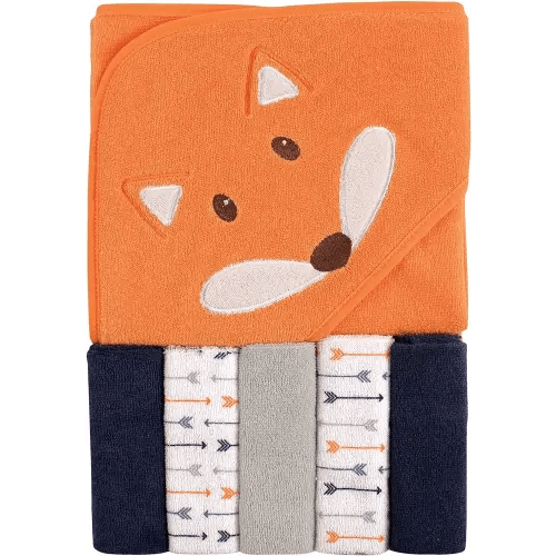 Luvable Friends Unisex Baby Hooded Towel with Five Washcloths, Boy Fox, One Size